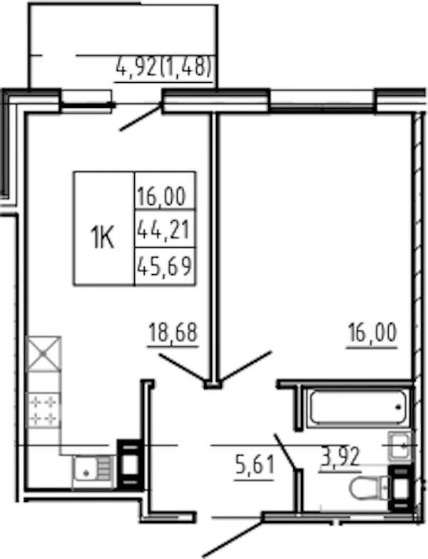 1-комнатная квартира 45.69 м², 5/5 эт., Комплекс апартаментов «Bereg. Курортный»